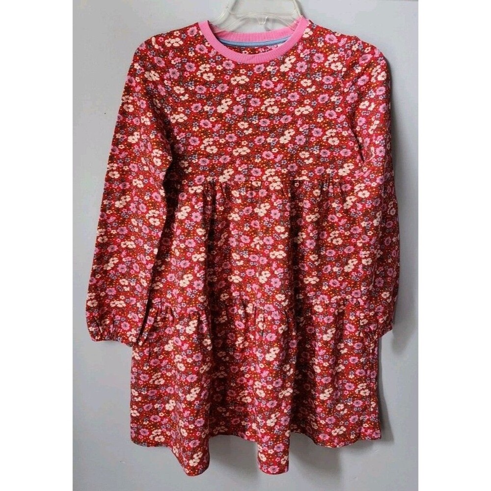 Mini Boden Tiered Sweatshirt Dress 11-12Y Red Floral Pockets Stretch NWT